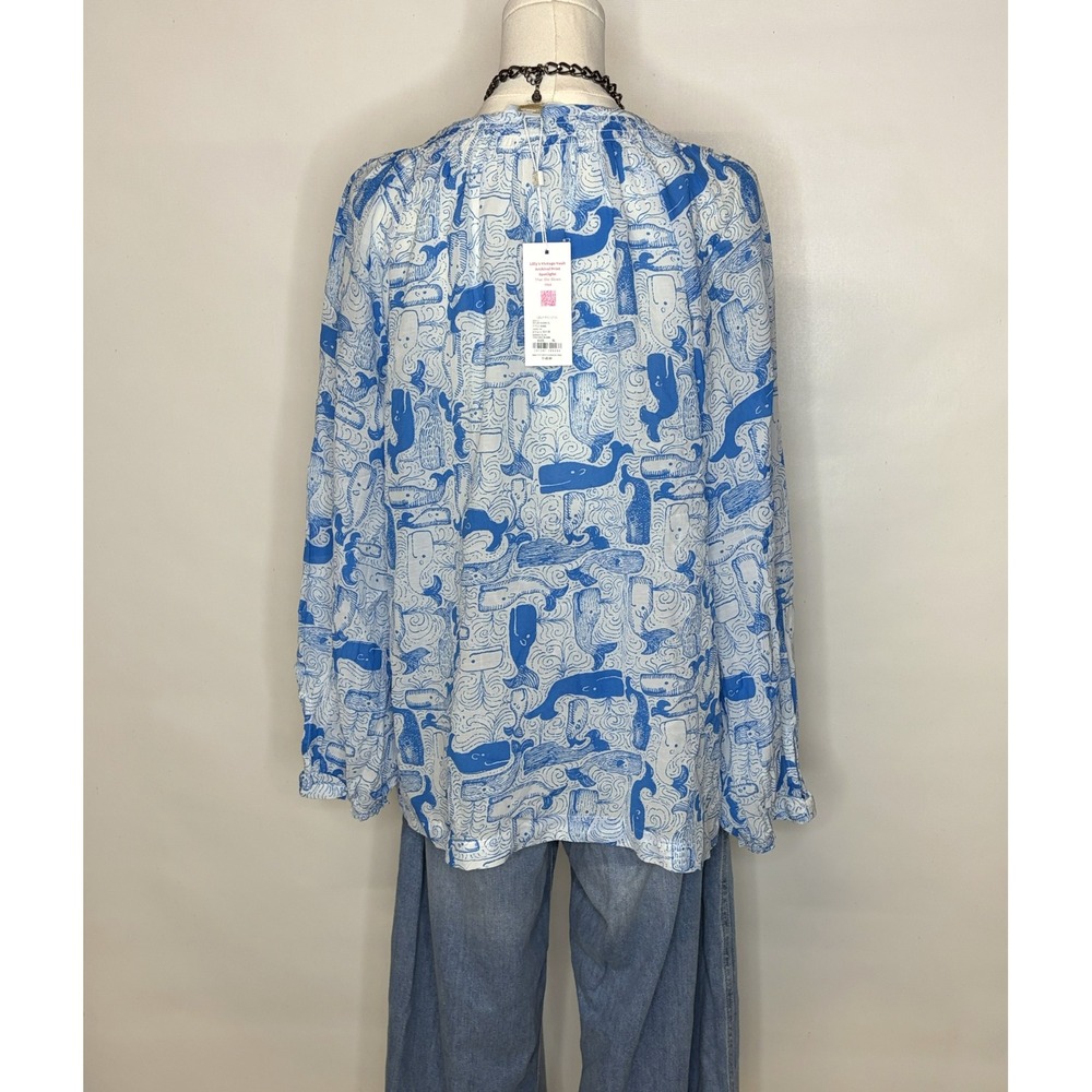 Lilly Pulitzer Andria Top Thar She Blows Whale Print Nassau Blue XL NWT - Picture 3 of 8